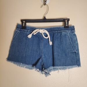 Aerie Women's Denim Shorts Frayed Hem Blue Drawstring Elastic Waist Size Small